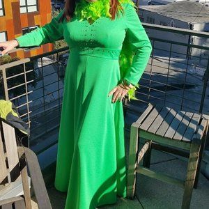 Funky 60's-70's Vintage Lime Green Rhinestone Maxi Dress